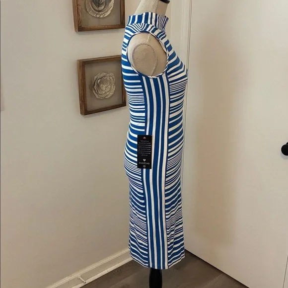Bebe Nautical Blue White Striped Midi Dress Mock Neck Bodycon - Picture 4 of 7
